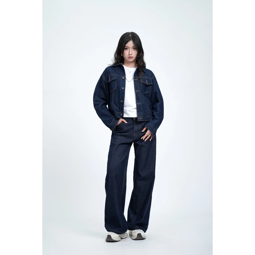 Set Jean Áo Khoác Croptop + Quần Ống Đứng Basic Unisex 4Lucky 6169 + 6238, Set Quần Áo Denim Phong Cách Nam Nữ
