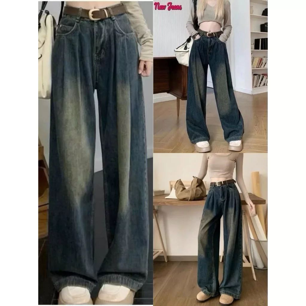 Quần Bò Jeans Nữ Ống Rộng Dáng Suông Cạp Cao Màu Xanh Retro Chiết Xếp Eo Nhún Hách Dáng Cực Đỉnh Phong Cách Basic