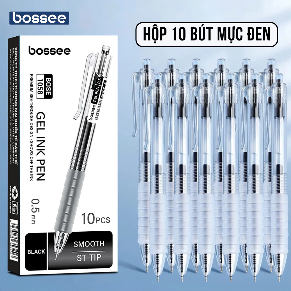 Hộp 10 bút gel ngòi ST 0.5mm Bossee 3 màu mực đen/ xanh/ đỏ nét chữ thanh mảnh, nhanh khô không lem, viết êm