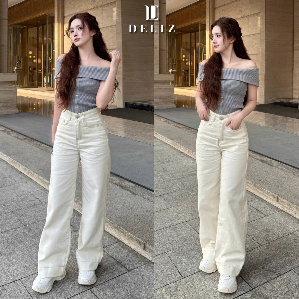 [DELIZ] - Quần jean ống suông cạp cao cho nữ hai màu be trắng basic hiện đại J411