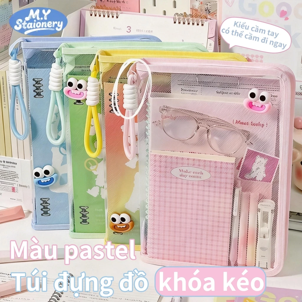 M.Y. Màu pastel Túi đựng tài liệu A4 nhiều ngăn trong suốt túi đựng vở dụng cụ học tập cho học sinh sinh viên văn phòng