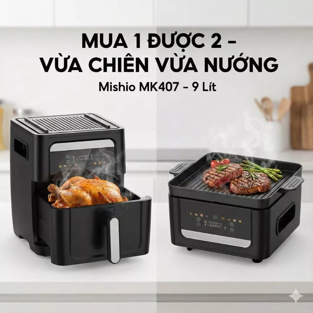 Nồi Chiên Không Dầu Kèm Vỉ Nướng 2-in-1 Mishio MK407