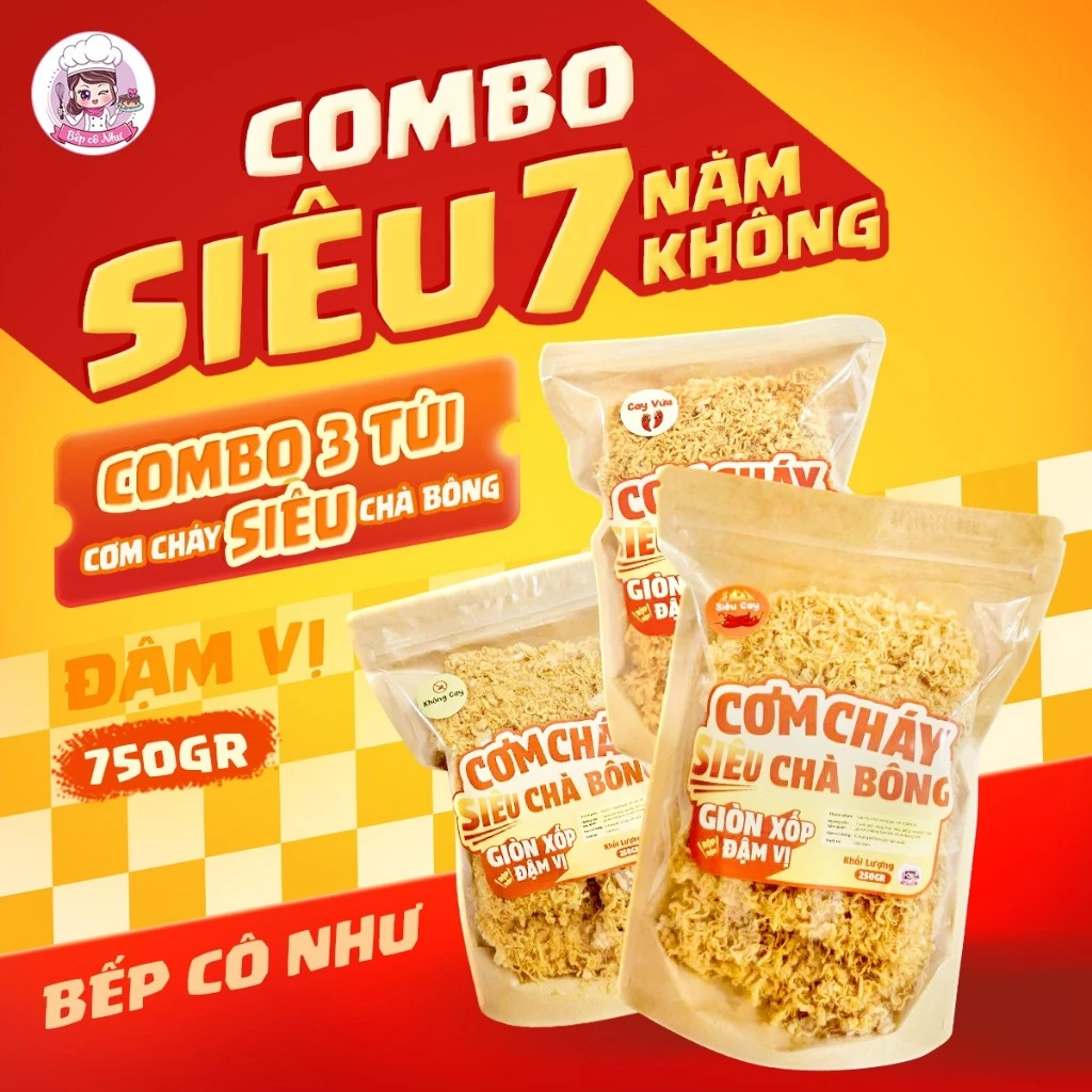 Combo Siêu 7 Năm Không Cơm Cháy Siêu Chà Bông Bếp cô Như giòn xốp, đậm vị sốt - 3 túi 250g | Đồ ăn vặt Bếp Cô Như