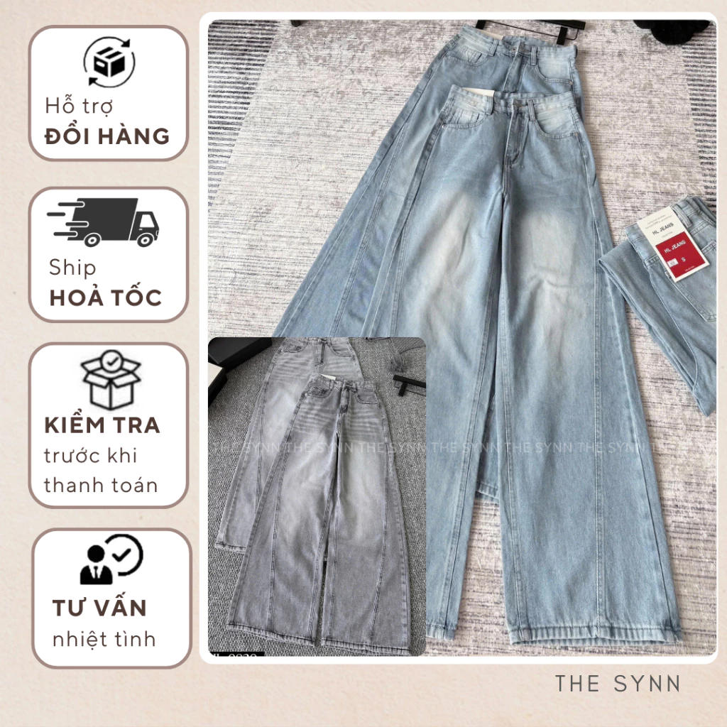 Q73 - Quần Jean Nữ Ống Rộng 2 Màu Basic Xám Và Xanh Phối Lai