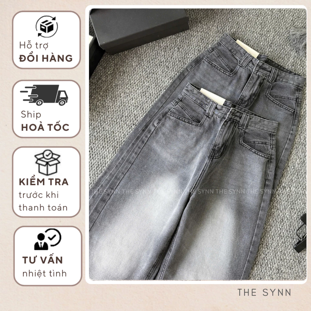 Q74 - Quần Jeans Nữ Ống Suông Vải Mềm Phối Wash Bạc Form Suông Basic Thoải Mái
