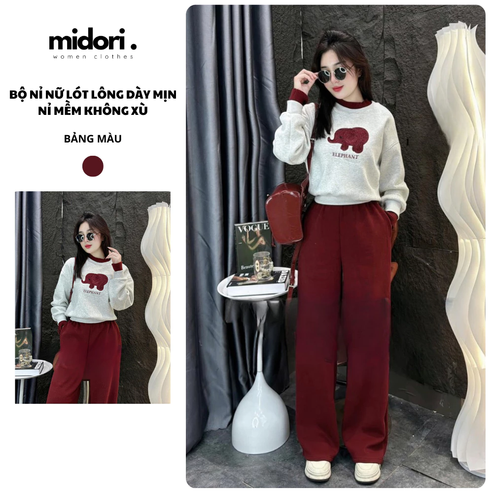 Bộ Quần Áo Nỉ Nữ Lót Lông Cổ Tròn Midori Shop, Set Bộ Thu Đông Thời Trang Chất Nỉ 2 Da Dày Ấm NM84