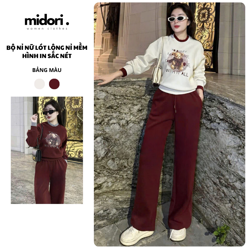 Set Bộ Nỉ Nữ Cao Cấp Phối Cổ Len Lót Nhung Midori Shop, Bộ Nỉ Thu Đông Quần Suông Nhẹ Mềm Mịn NM31
