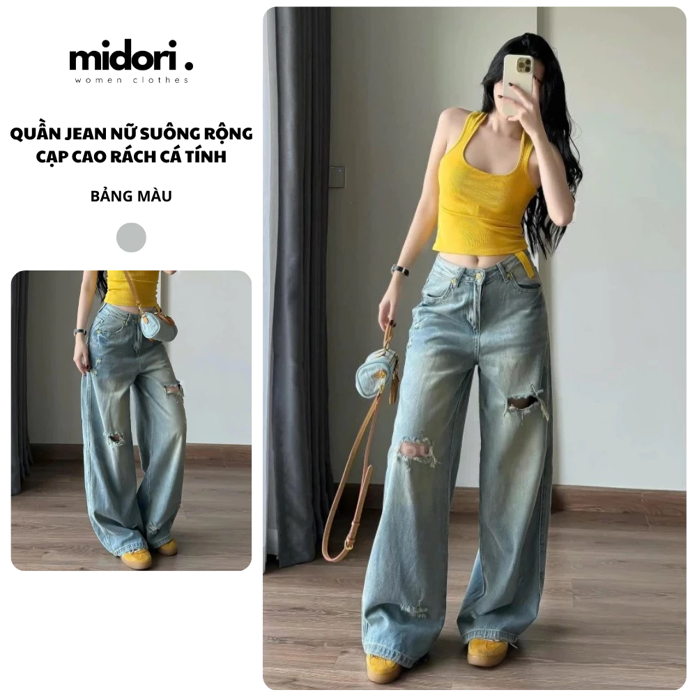 Quần Jean Nữ Ống Rộng Rách Gối 100cm Midori Shop Quần Ống Suông Unisex Nam Nữ Ulzzang Cá Tính MS32