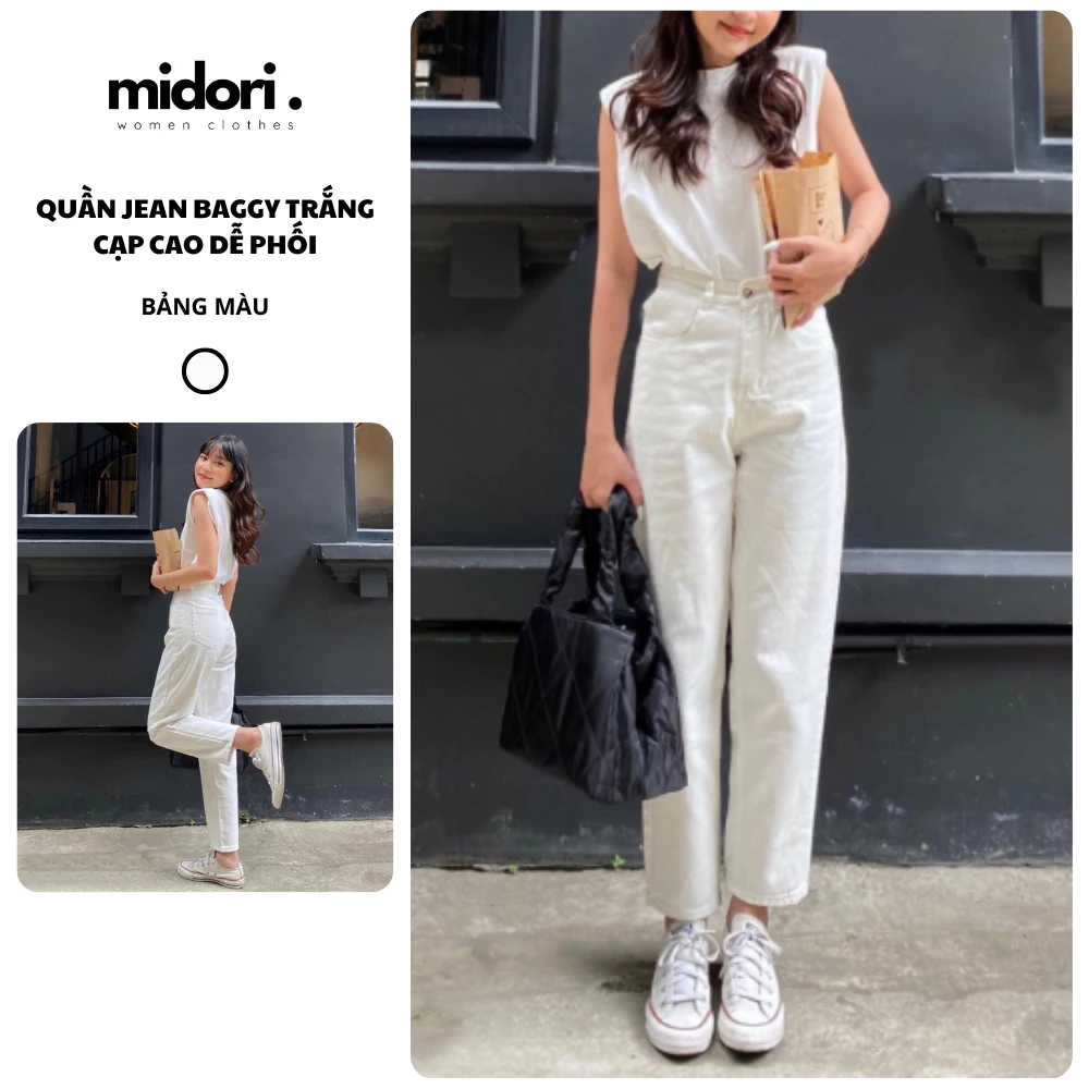 Quần jean baggy trắng trơn cạp lưng cao Midori Shop Quần baggy jeans bò mặc đi làm đi chơi HL202