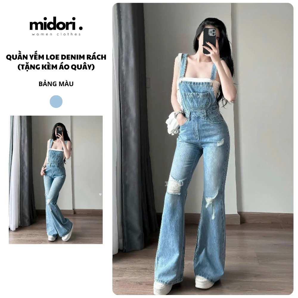[TẶNG ÁO QUÂY] Quần yếm jeans nữ MS30 ống loe phối túi ngực to phong cách Ulzzang năng động