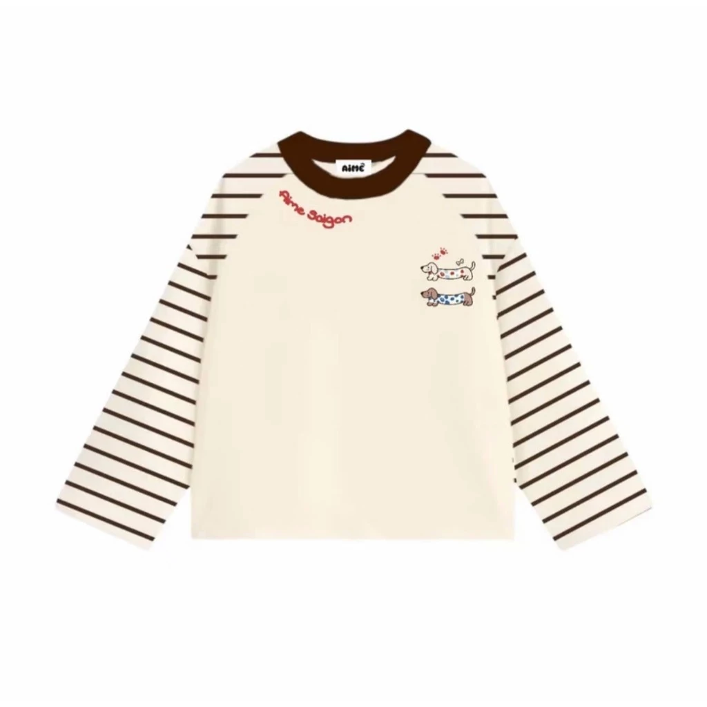 Áo Thun Boxy Dài Tay Cotton Cổ Tròn Nam Nữ , Áo Phông Nữ Form Rộng Thu Đông Phối Sọc Tay Áo Hoạ Tiết Cún Ver 2 Hottrend