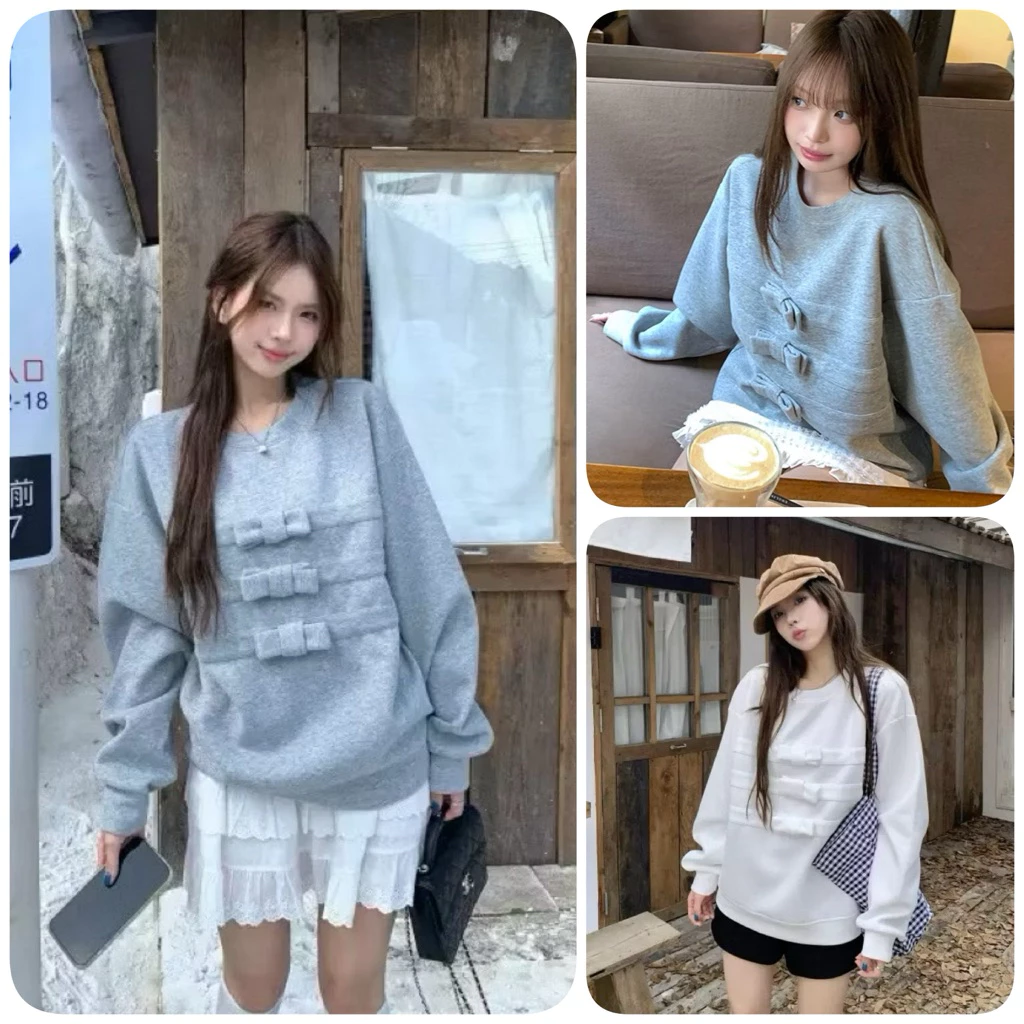 Áo Nỉ Nữ Dáng Rộng Tay Dài Cổ Tròn Nơ Xinh. Áo Sweater Da Cá Dài Tay Thu Đông Form Rộng Phong Cách Tiểu Thư Hàn Quốc