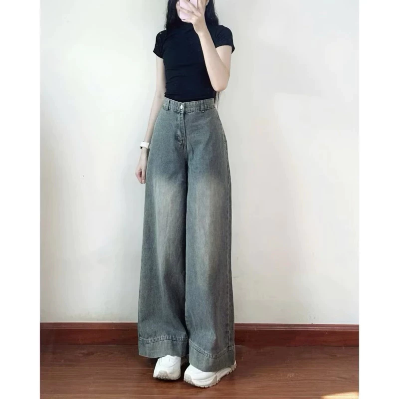 Quần jeans nữ ống suông ống rộng lưng cao tôn dáng màu xanh retro đi học đi làm đi chơi Back to School DV36