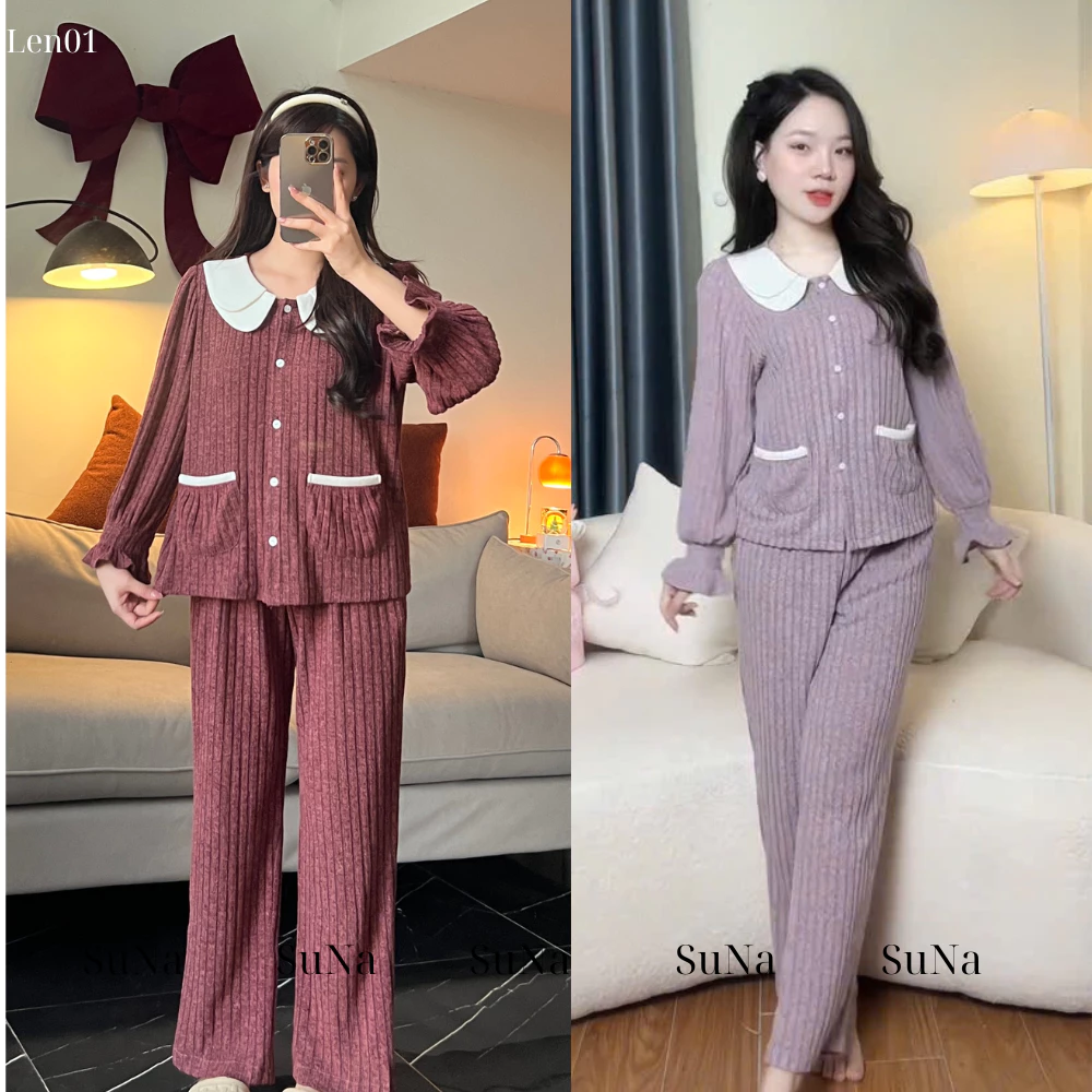 Sét Bộ Pijama Mặc Nhà - LEN01 Cổ Sen 2 Tầng, Chất Len Lông Thỏ Mềm Mại