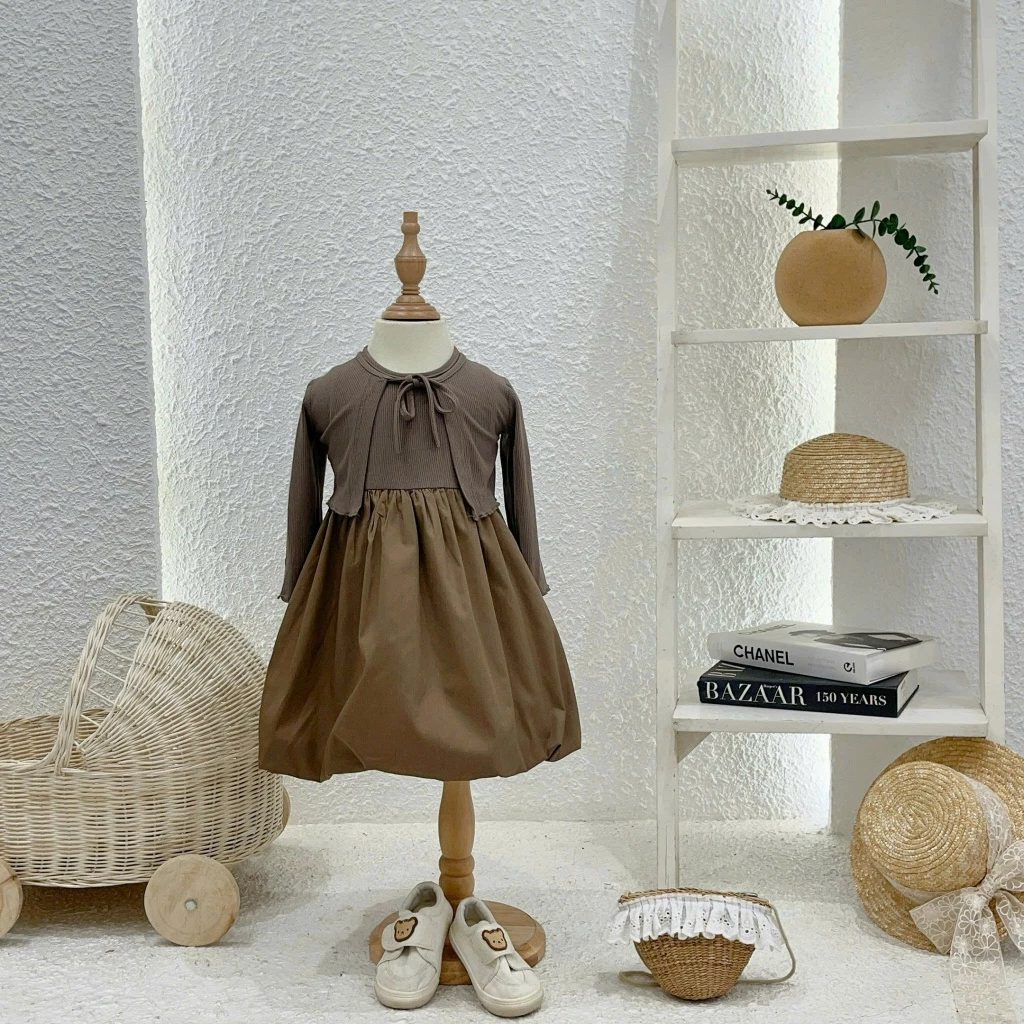 Váy Bé Gái Dài Tay Phối Áo Khoác - Phong Cách Hàn Quốc - Chất Mềm Mịn , Thoải Mái