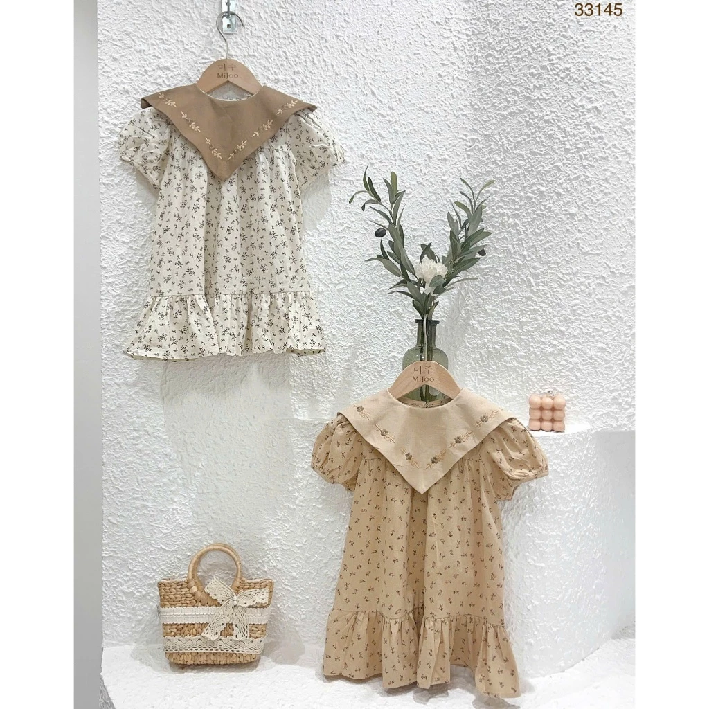 Váy trẻ em bé gái hoa nhí vintage - cổ bẻ đáng yêu - form xòe đẹp - mặc đi chơi đi học