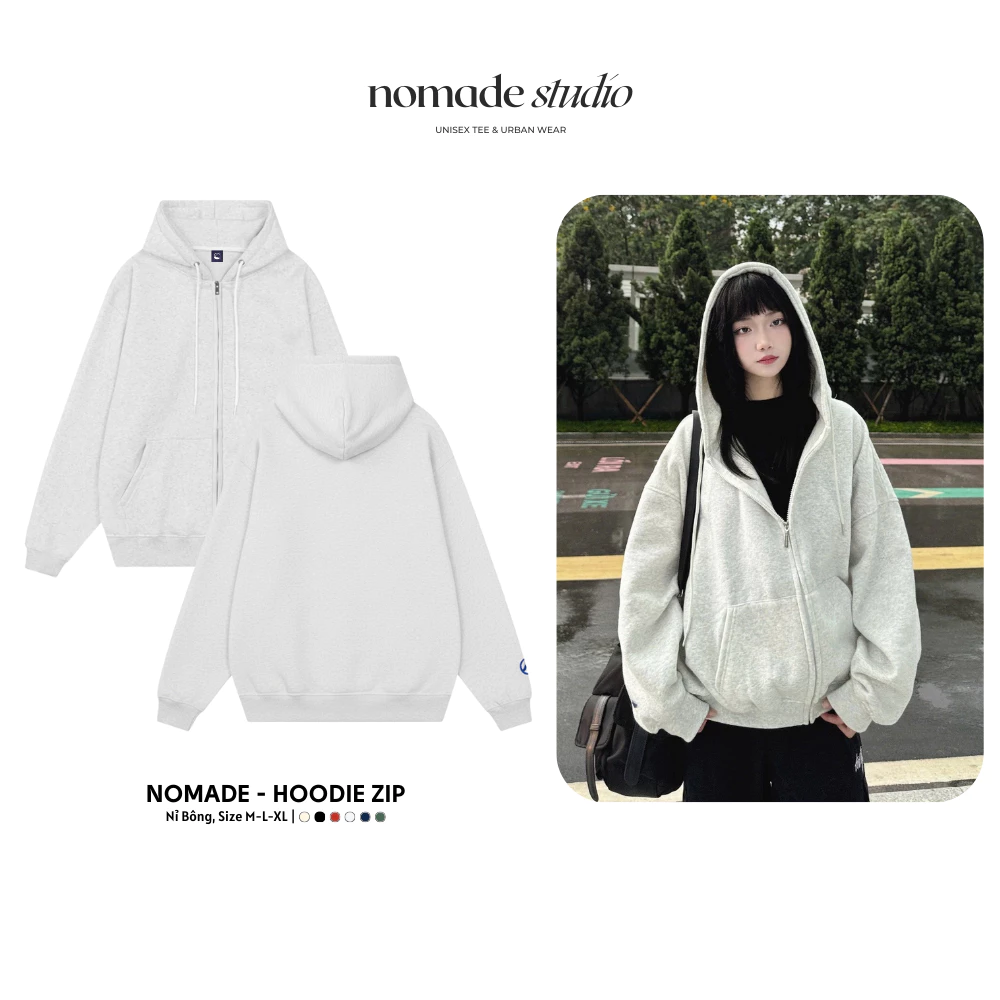 Áo Hoodie Zip Nomade Studio BST13 Mã Trơn-Áo Khoác Nỉ Bông Oversize Nam Nữ Cool Ngầu Streetwear Y2K Dày Dặn