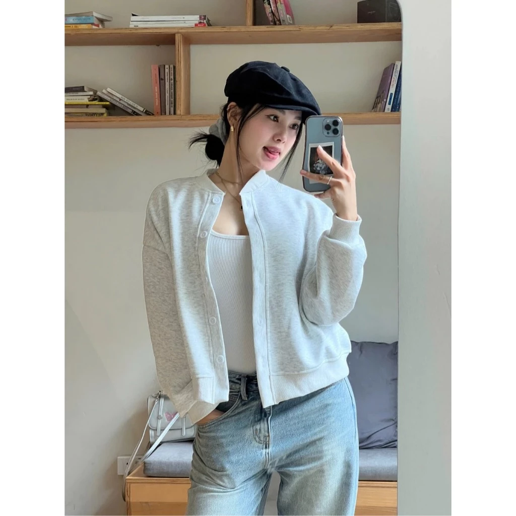 Áo Khoác Hoodie Form Boxy, Áo Sweater Unisex Nỉ Bông Cúc Cài Trơn Mềm Mại Nhẹ Nhàng Mùa Thu Đông