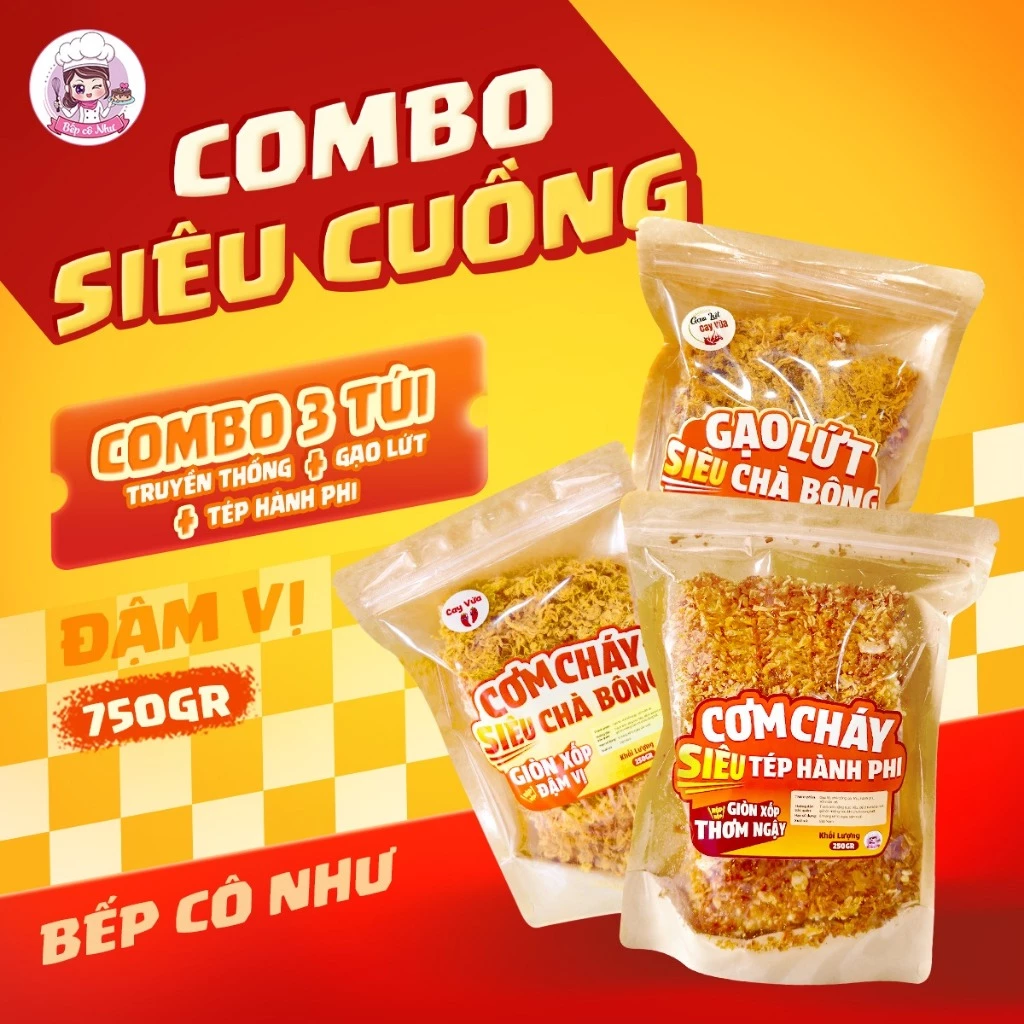 Combo Siêu Cuồng Bếp Cô Như - Cơm Cháy Siêu Chà Bông Truyền Thống, Gạo Lứt, Tép Hành Phi - Giòn Xốp, Đậm Vị - 3 Túi 250g