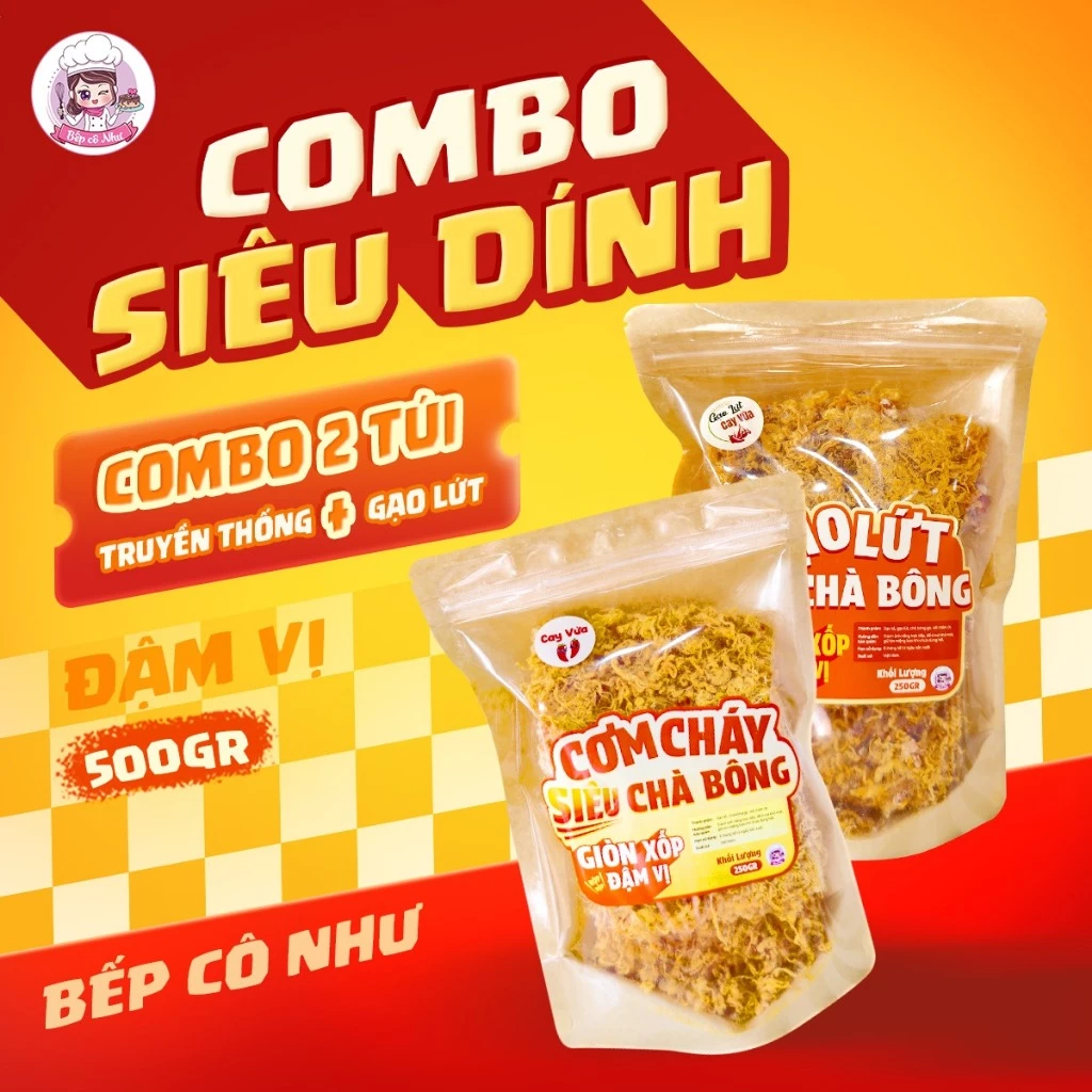 Combo Siêu Dính Bếp Cô Như - Cơm Cháy Siêu Chà Bông vị truyền thống, gạo lứt - Giòn Xốp, Đậm Vị - 2 Túi 250gr