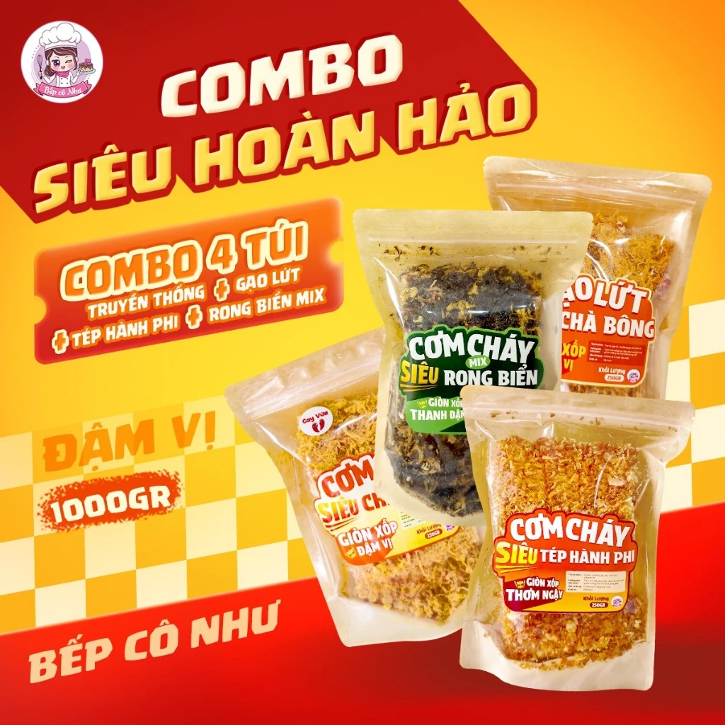 Combo Siêu Hoàn Hảo Bếp cô Như - Cơm Cháy Siêu Chà Bông Truyền Thống, Gạo Lứt, Rong Biển Mix, Tép Hành Phi - 4 túi 250gr