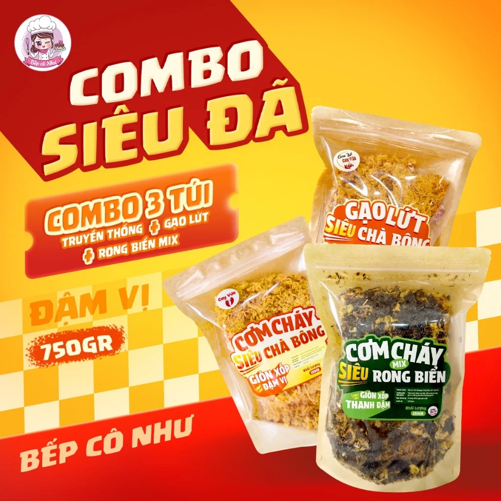 Combo Siêu Đã Bếp Cô Như - Cơm Cháy Siêu Chà Bông Truyền Thống, Gạo Lứt, Rong Biển Mix - Giòn Xốp Đậm Vị - 3 túi 250gr