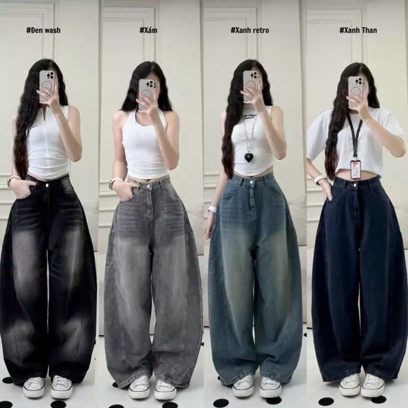 Quần Jeans Ống Cong Chất Denim, Quần Bò Nữ Dáng Bí Cong Phom Rộng Phong Cách