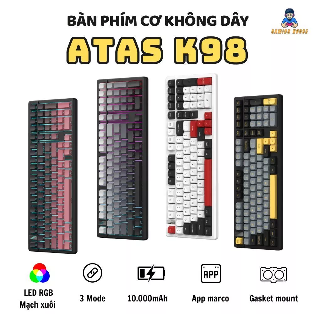 Bàn phím cơ không dây ATAS K98 - Full Foam - 3 Mode - Pin 10000mah - Mạch xuôi - LED RGB - App Marco