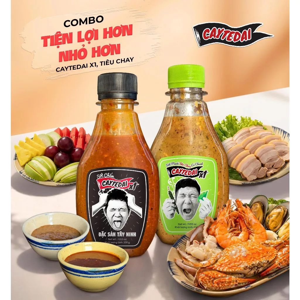 COMBO MIX CAYTEDAI LÂM VLOG 200g - 2 Hũ Sốt Chấm CayTeDai X1 & Sốt Muối Tiêu Chay Lá Chanh