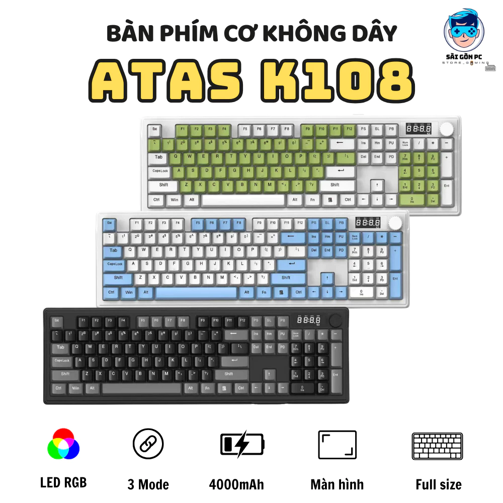 Bàn phím cơ không dây ATAS K108 3 Mode - LED RGB - Có Hot-swap - Pin 4000mah - Màn hình LED