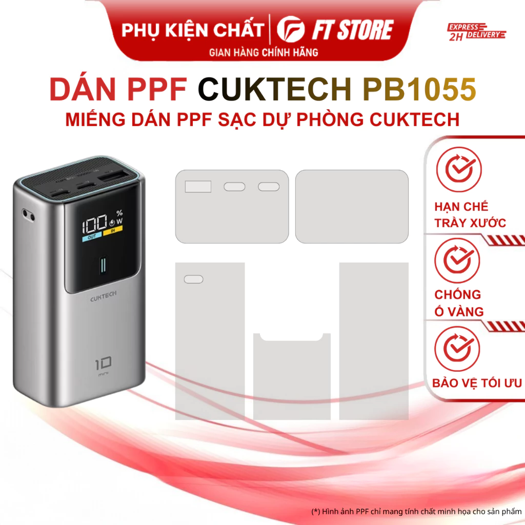 Miếng dán PPF sạc dự phòng Cuktech PB1055 - 55W sạc nhanh 3 cổng 2C1A, hạn chế trầy xước