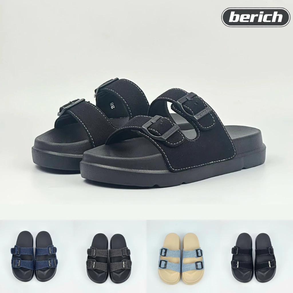 Berich Dép Nam Nữ Unisex Berich Dép Lê Quai Ngang Vải Denim Jean Có Khoá Đế Bằng Êm Đẹp Bền JEAN25 Màu Đen