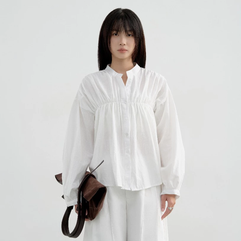 Áo Sơ Mi Nữ Linen Dài Tay Cổ Trụ Chiết Ngực | Áo Kiểu Chất Vải Linen Mềm Mát - Urban Top
