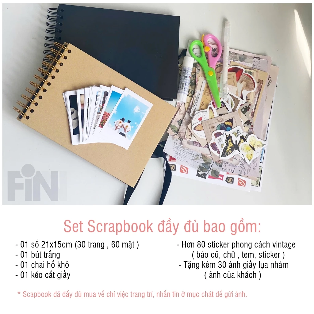 ( Tặng kèm 30 ảnh ) Set Scrapbook Handmade đầy đủ phụ kiên phong cách Vintage