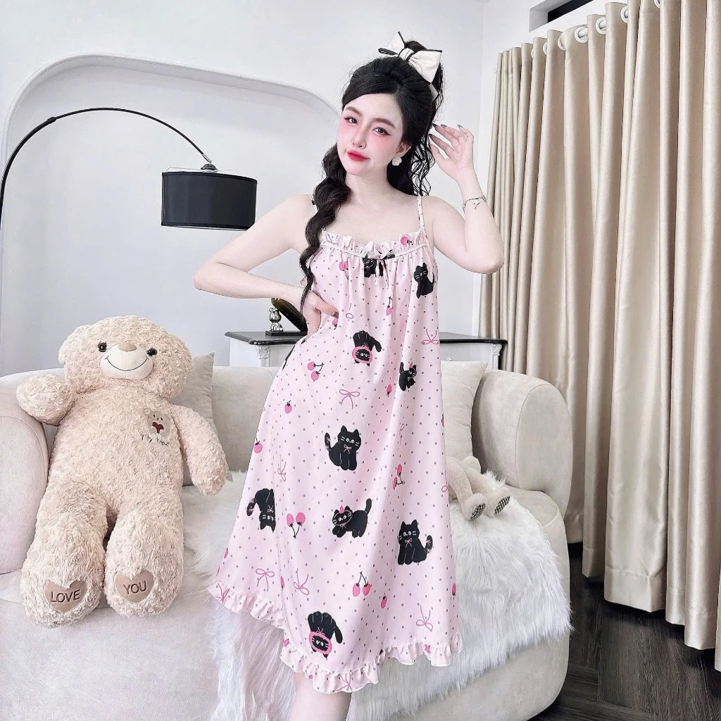 N1 - 2 [60-75kg] Đồ Bộ Mặc Nhà, Pijama 2 Dây, Váy ngủ hai dây chất lụa 100D thoáng mát, mềm mịn
