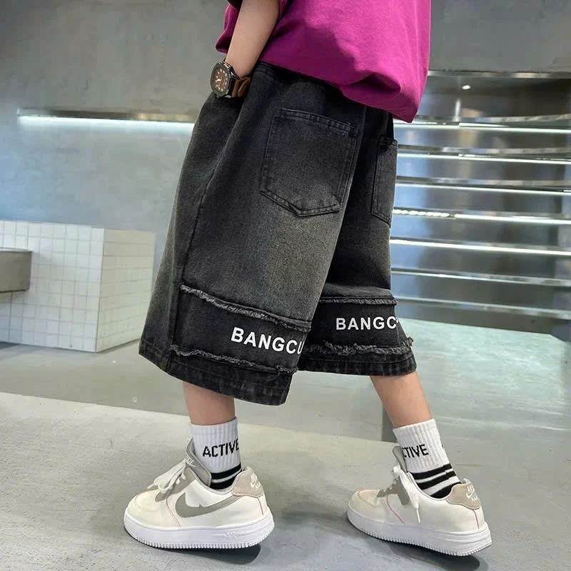 (16-50kg) Quần ngố  jean bò bé trai, thiết kế mới đặc sắc thêu chữ