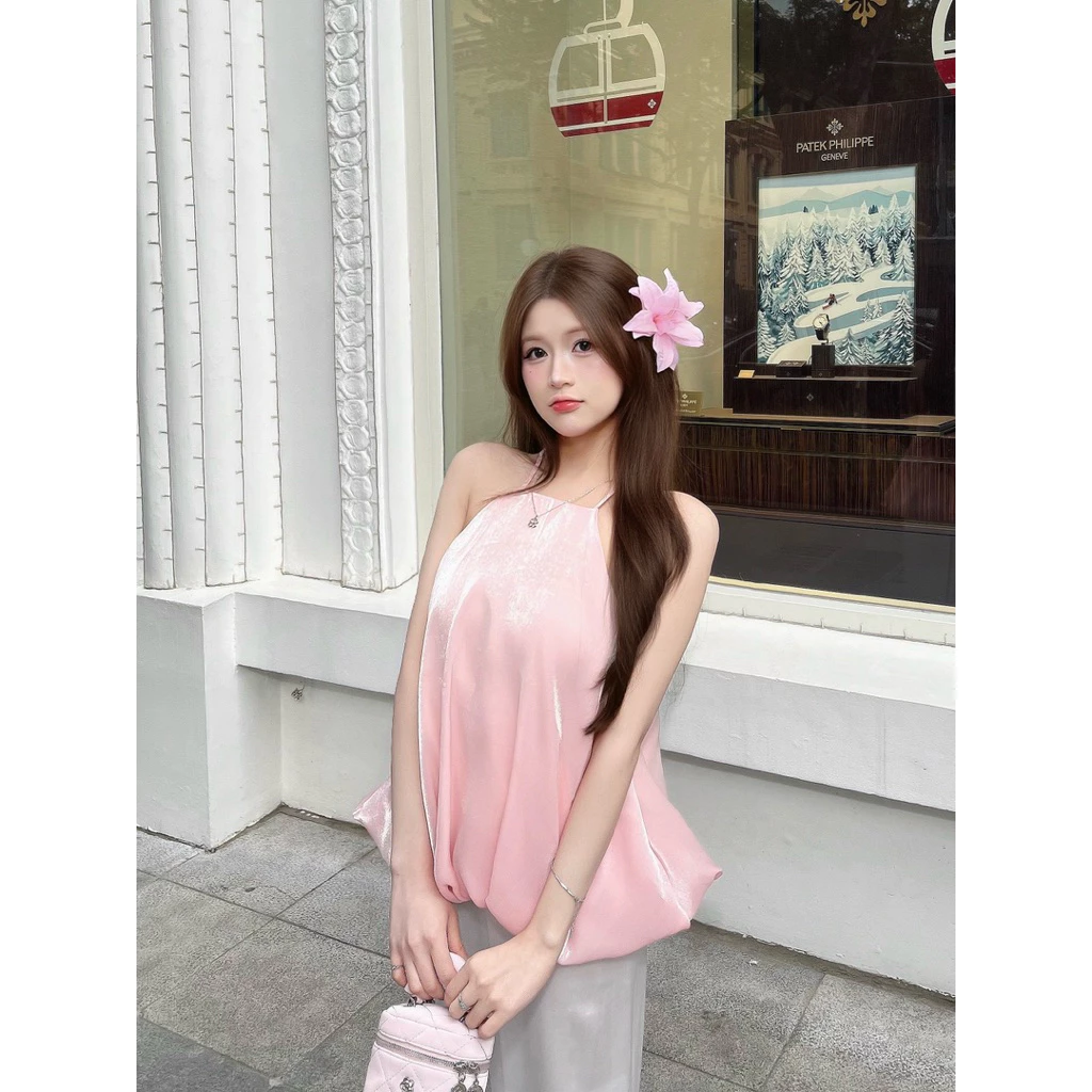 [Hoả tốc HCM] Áo cổ yếm dáng bubble top ánh nhũ, bồng bềnh sang trọng có tăng đơ kim loại mặc Noel, Tết