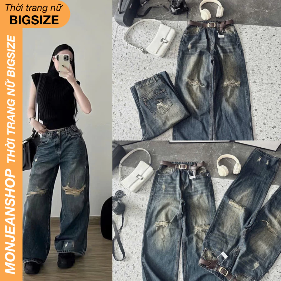 Jean suông ống rộng rách MONJEANSHOP – MS618 – Quần sành điệu thêu ngựa