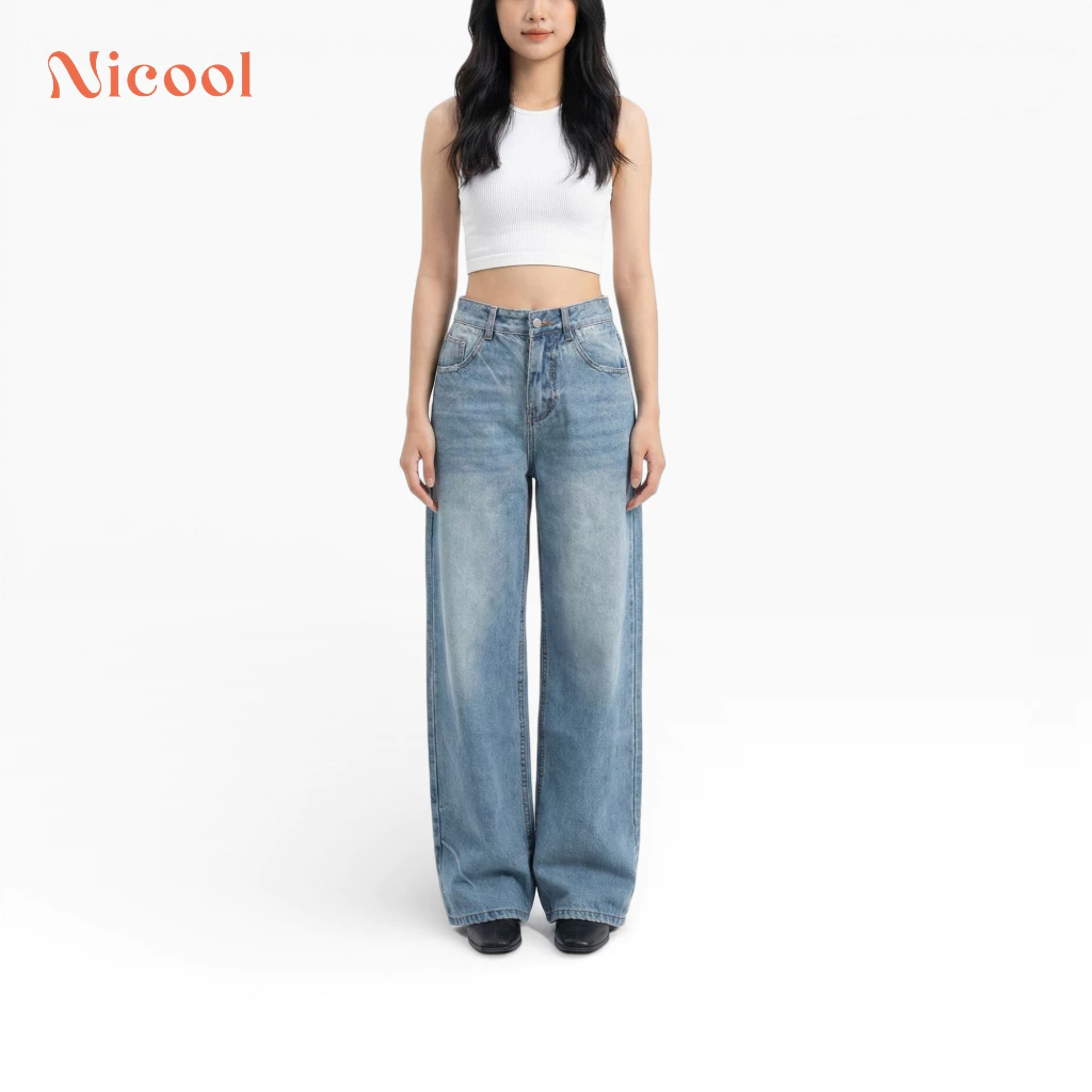 Quần Jean Nữ Ống Suông Nicool Wash Loang Phối Đường Chỉ Nổi Phong Cách Retro Cá Tính N41-Q71