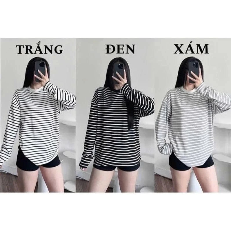 Áo Thun Dài Tay Thu Đông Basic Nữ Tính Dễ Thương Hoạ Tiết Kẻ Vằn Ngang From Rộng MẶc Thoải Mái Ở Nhà,Đi chơi