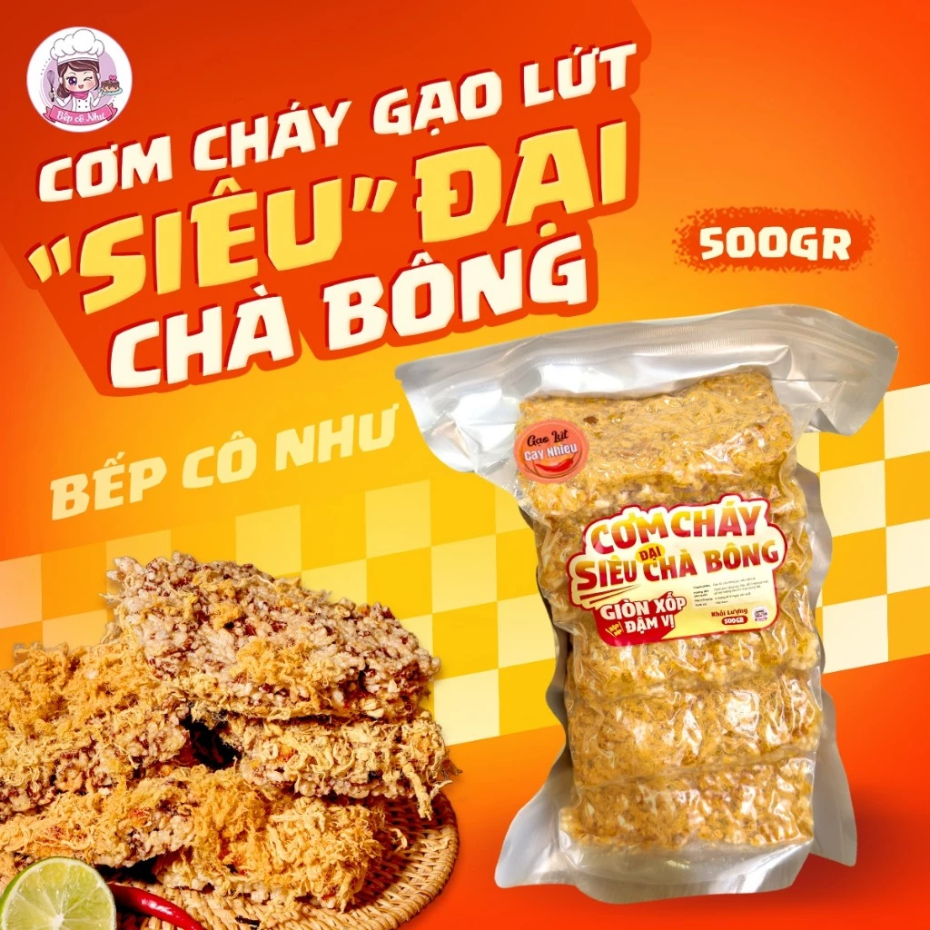500gr | Cơm Cháy Gạo Lứt Siêu Đại Chà Bông Bếp Cô Như, Cơm Cháy Gạo Lứt Chà Bông Giòn Xốp, Đậm Vị - Túi 500gr