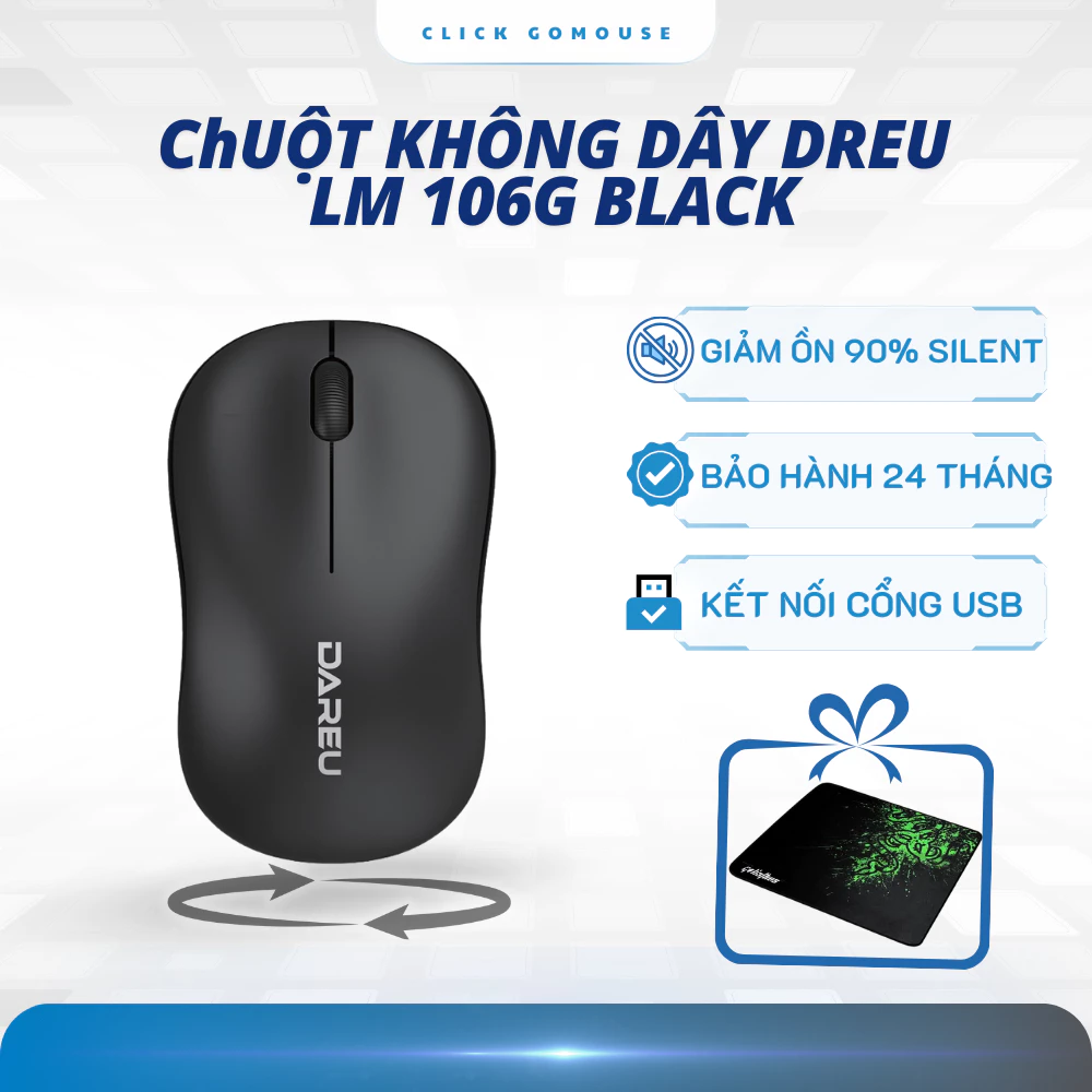 Chuột Không Dây DARE-U LM106G Black Chuột Máy Tính Wireless Cho Laptop PC Nhạy Mượt Bền Qùa Tặng Pin Và Lót Chuột