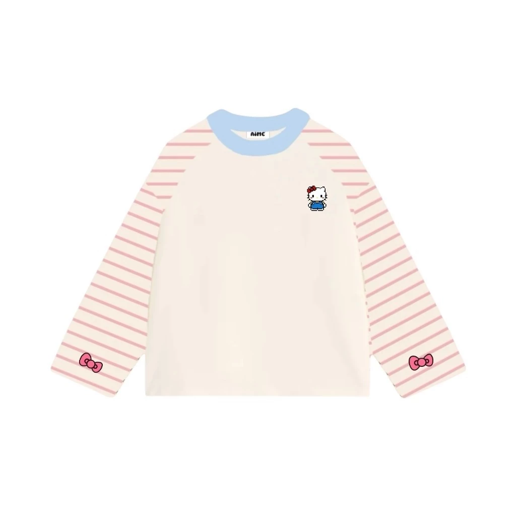 Áo Thun Tay Dài Raglan Phối Sọc Ngang Long Sleeve Boxy ,Áo Phông Unisex Họa Tiết Mèo Nơ Dễ Thương Mẫu Mới