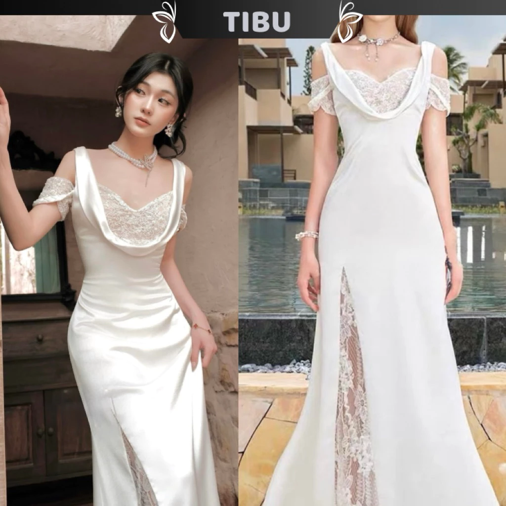 TIBU - Đầm Lụa Maxi Dáng Dài Hai Dây Phối Ren Xẻ Tà Lạ Mắt Sang Chảnh Đi Chơi Đi Tiệc D699
