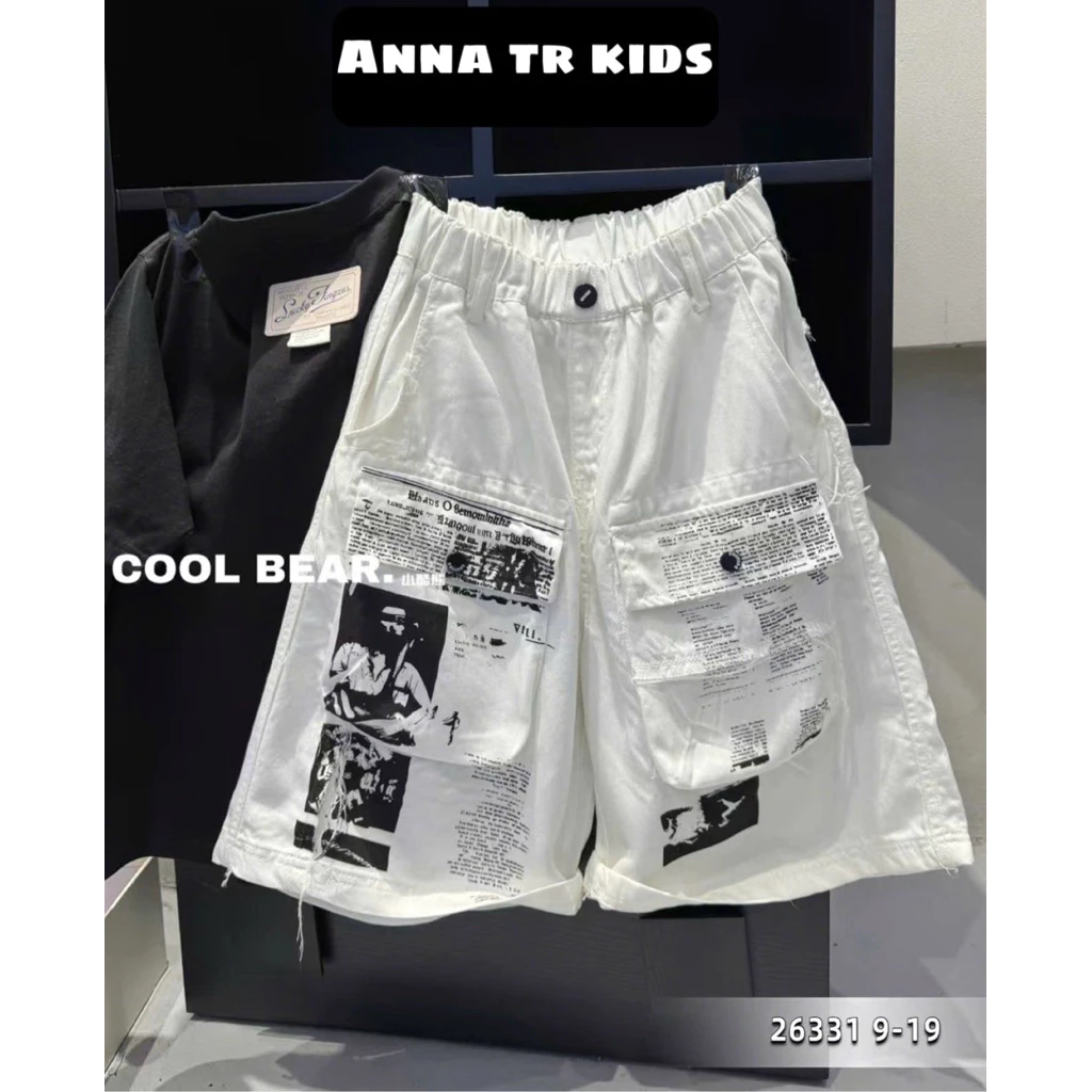 ( Ảnh Thật )[120-170 FORM RẤT TO] 23880 Quần Short Jeans Lững Trắng Túi hộp phối hình quảng châu cao cấp Bé Trai