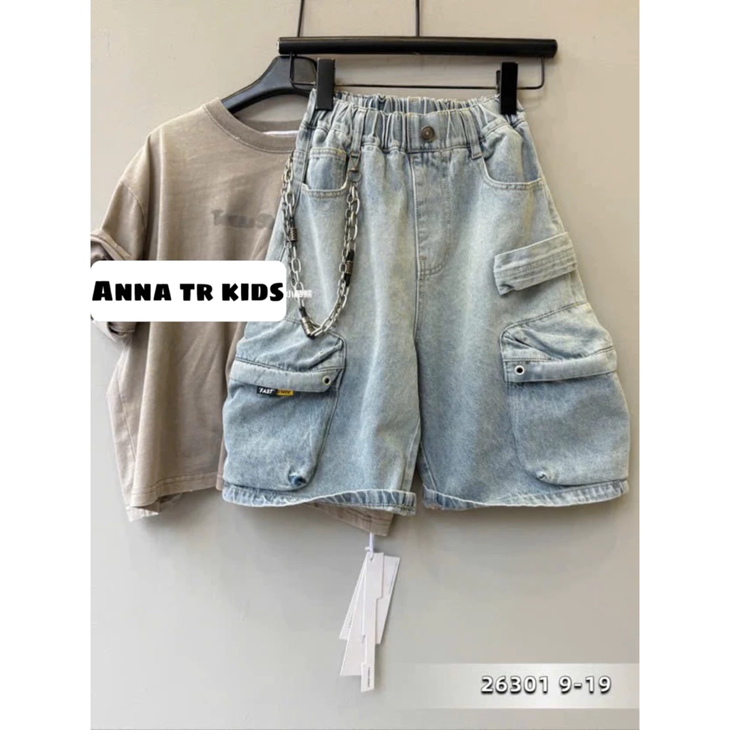 ( Ảnh Thật )[120-170 FORM TO LÙI SIZE] 70116 Quần Short Jeans túi hộp dáng lững Bé Trai quảng châu cao cấp