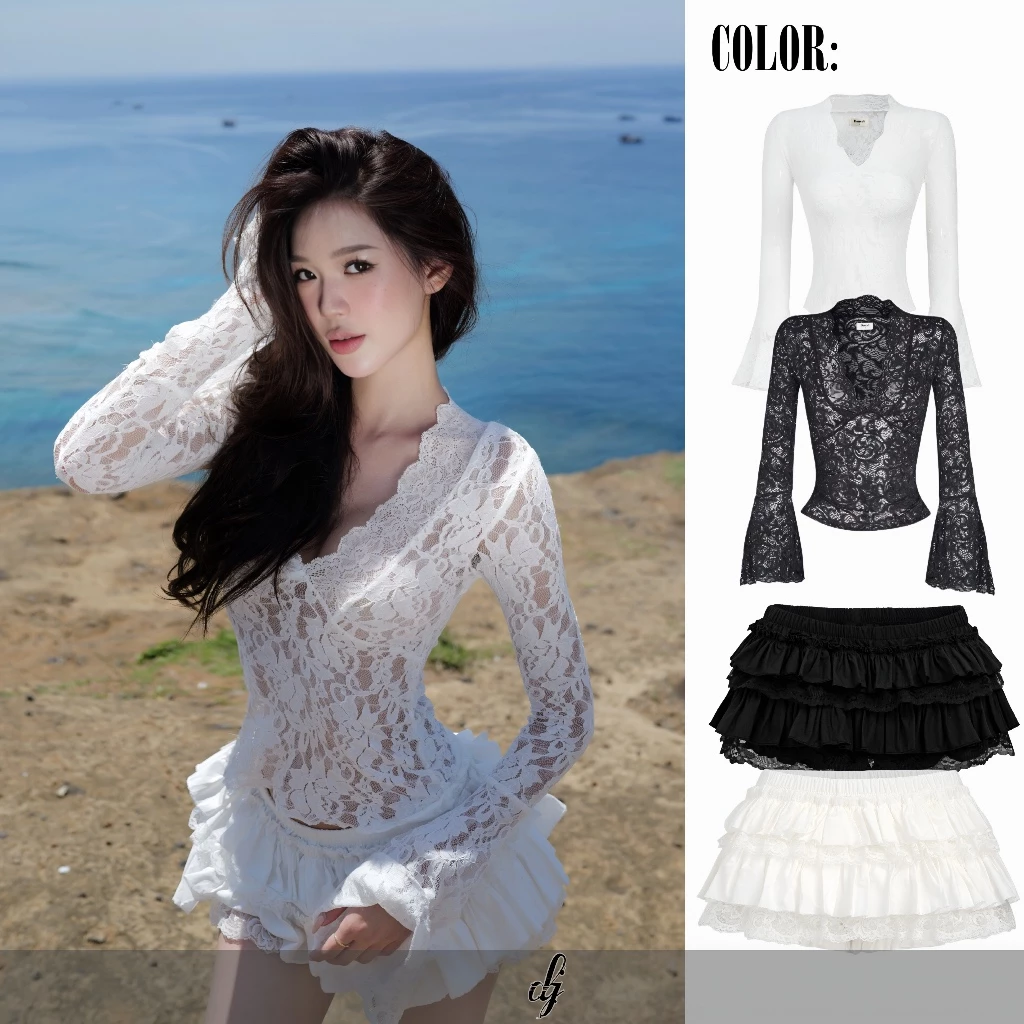 [ 𝐋𝐈𝐍𝐍𝐘 𝐒𝐇𝐈𝐄 ] Set áo ren tay dài phối ren , cổ V - Chân váy mini cạp trễ, có độ phồng , phối ren, hack hông