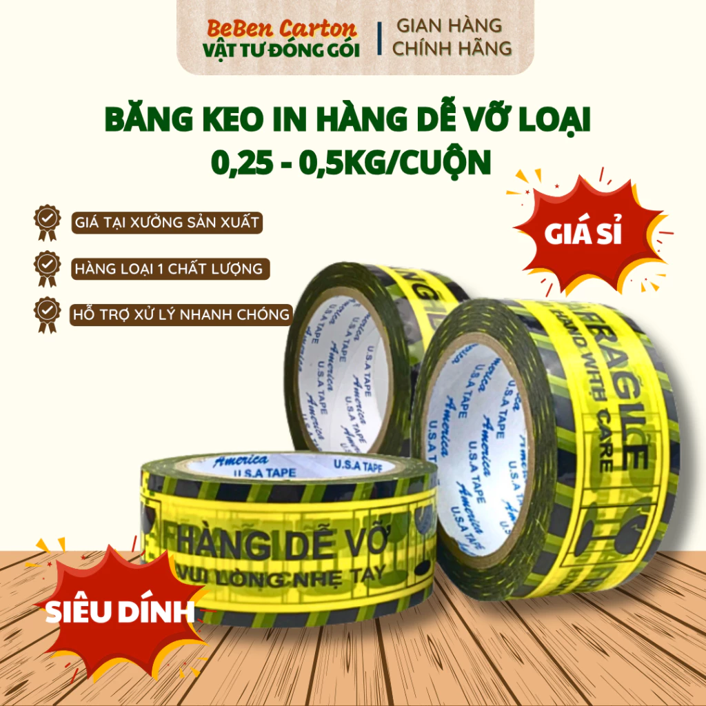 [GIÁ XƯỞNG] Băng Keo In Hàng Dễ Vỡ Kích Thước 0,25 - 0,5/Cuộn Đóng Hàng Siêu Dính - Bé Bền Carton