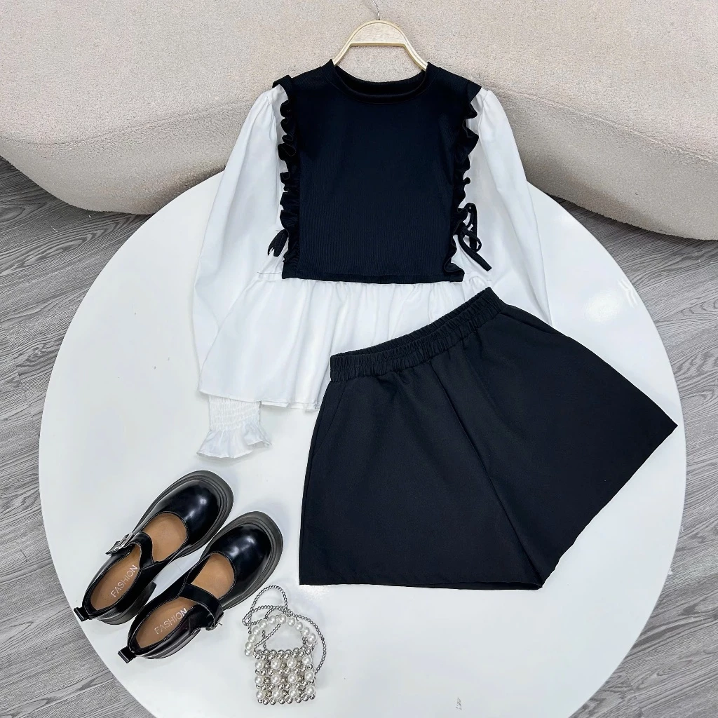 Set Bigsize Nữ Sơ Mi Tiểu Thư Dáng Baby Doll Bèo Xinh Ngọt Ngào Phối Quần Đùi Lưng Chun Thoải Mái SET(SM40+Q500)
