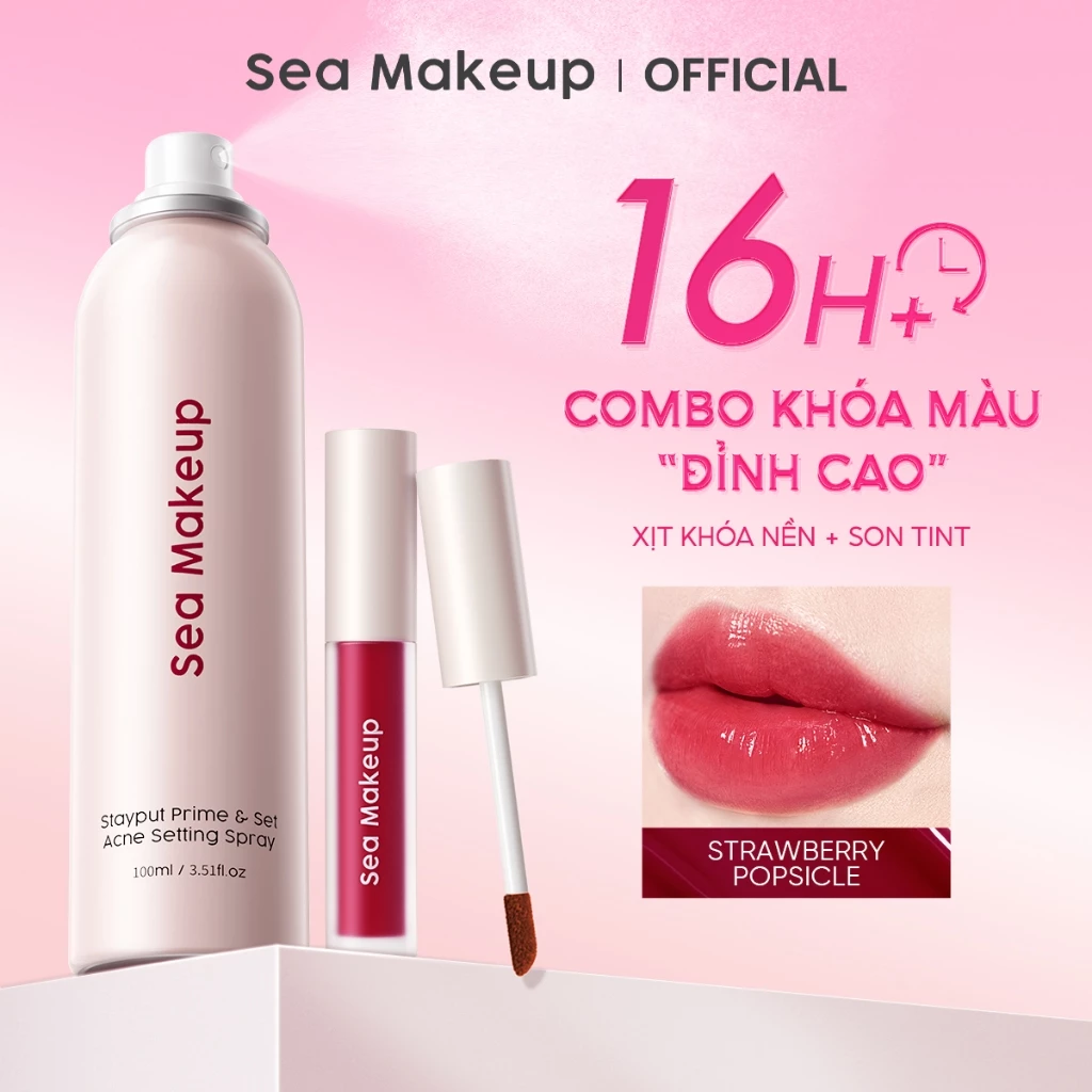 Combo 2 Xịt khoá nền Và Son tint môi Sea Makeup 100ml / 3.2g